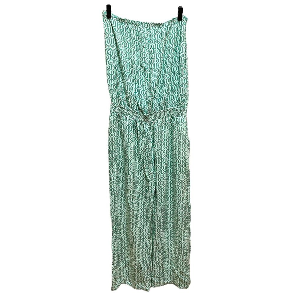 Ava Sky Green & White Geometric Print Strapless Jumpsuit Large